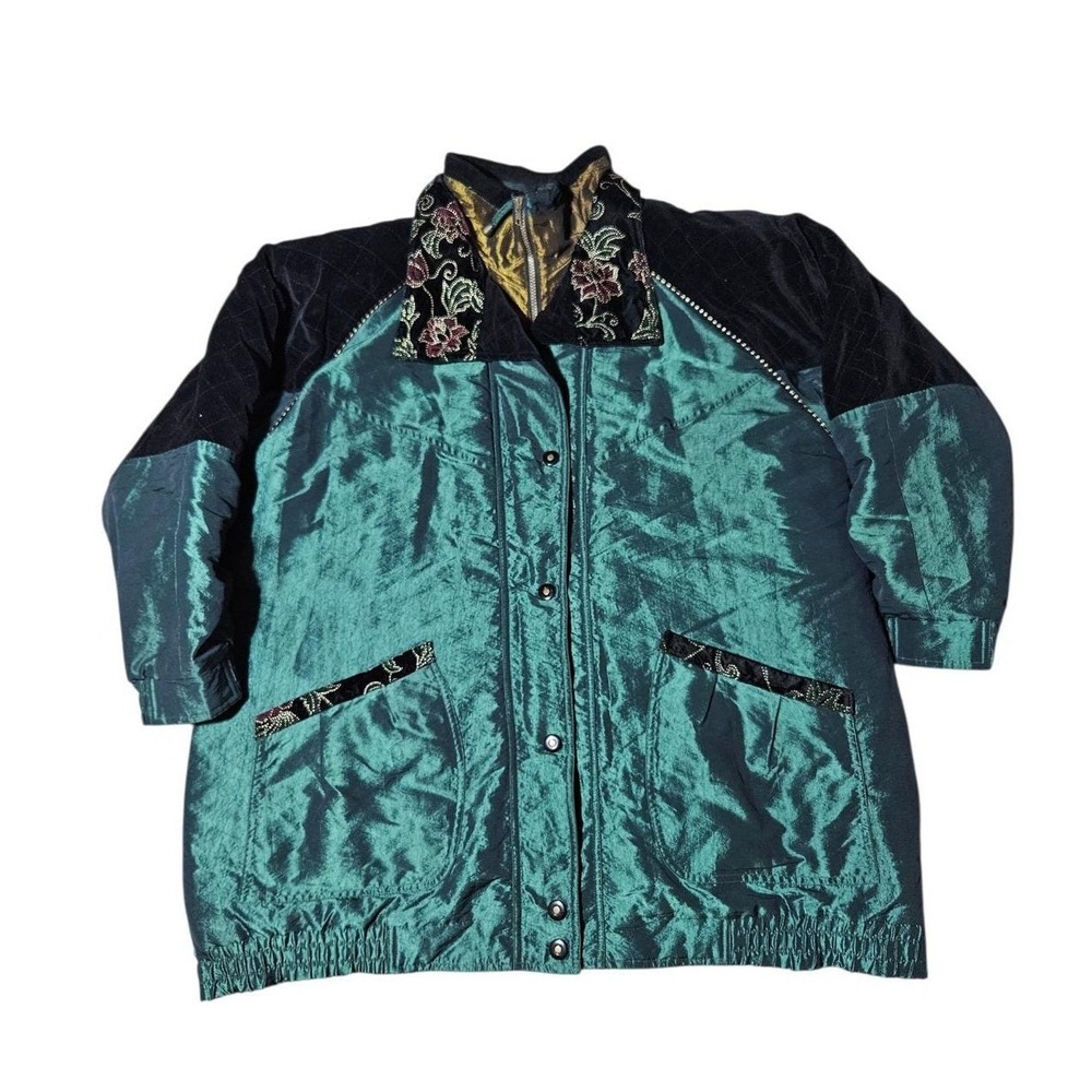 Vintage Current Seen Jacket Womens 22W Black Velvet Quilted Floral Panels‎ 90s